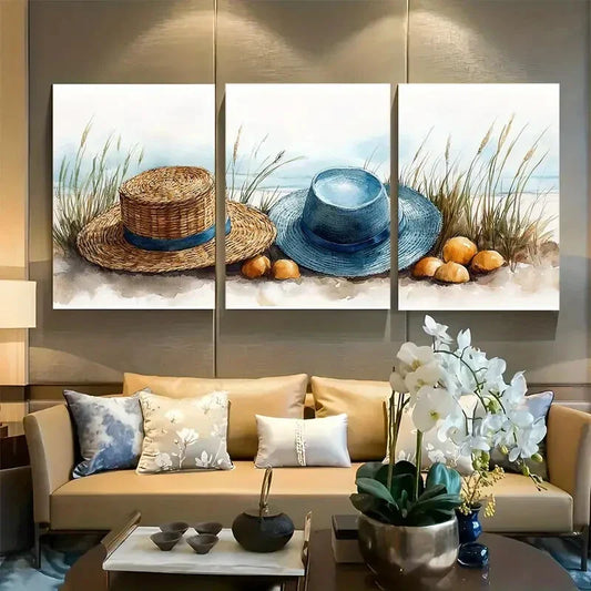 3pcs Whimsical Beach Picnic Retro Basket Straw Hat Metal Print Ready to Hang Art