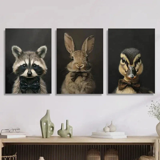 3pcs Portraits of Raccoon, Rabbit, Duckling Metal Print Ready to Hang Art