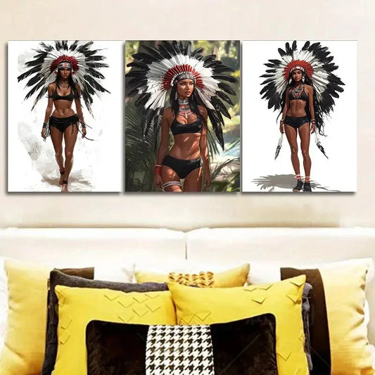 3pcs Indian Girls Wearing Feathered Headdresses Wall Art Set Canvas Framed 40x60cm - High Quality Print 100% Australian Made Wall Canvas Ready to Hang