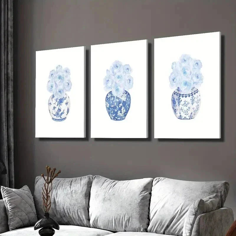 3pcs Blue and White Porcelain Rose Vase Wall Art Set Canvas Framed 40x60cm - High Quality Print 100% Australian Made Wall Canvas Ready to Hang