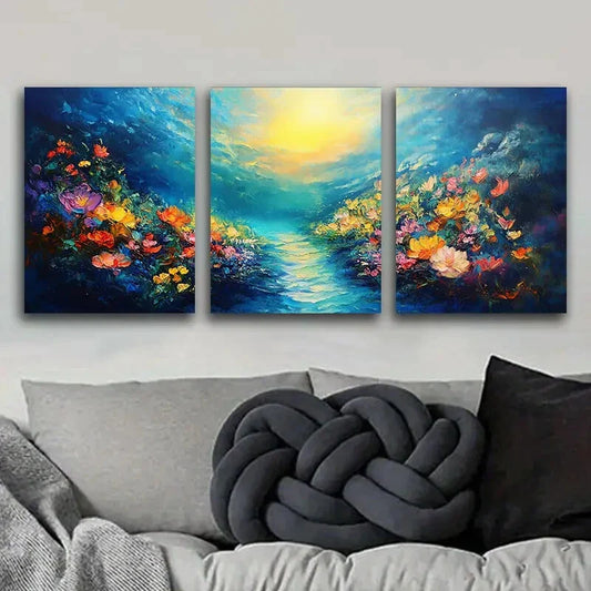 3pcs Flowers The River Of Life Painting Metal Print Ready to Hang Art