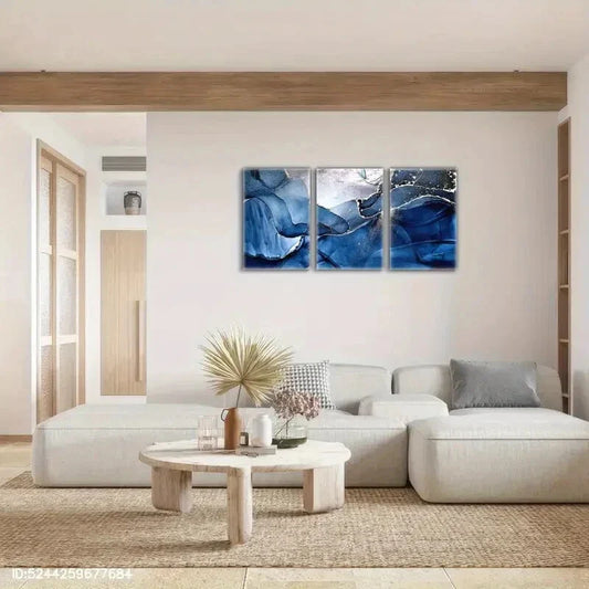 3pcs Blue Abstract Flowing Color Art Decoration Metal Print Ready to Hang Art