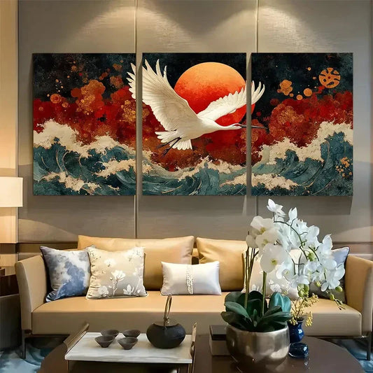 3pcs Traditional Japanese Hokusai Waves and Crane Metal Print Ready to Hang Art