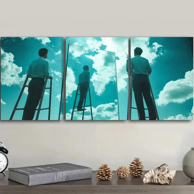 3pcs Surreal Film Triptych with Ladder & Sky Wall Art Set Canvas Framed 40x60cm - High Quality Print 100% Australian Made Wall Canvas Ready to Hang
