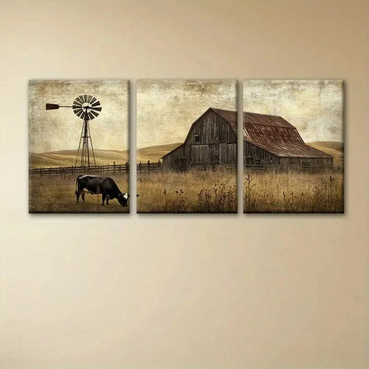 3pcs Barn And Windmill Scene with Cows Metal Print Ready to Hang Art