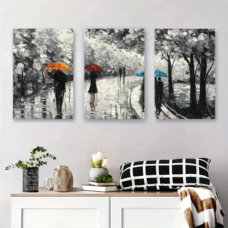 3pcs Black and White Rainy Umbrella Metal Print Ready to Hang Art