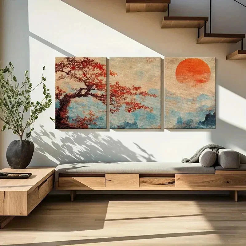 3pcs Serene Landscape with Orange Sun & Mountain Metal Print Ready to Hang Art
