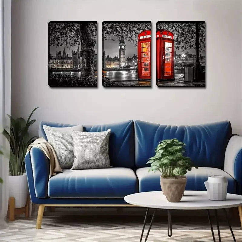 3pcs City Road Phone Booth At Night Wall Art Set Canvas Framed 40x60cm - High Quality Print 100% Australian Made Wall Canvas Ready to Hang