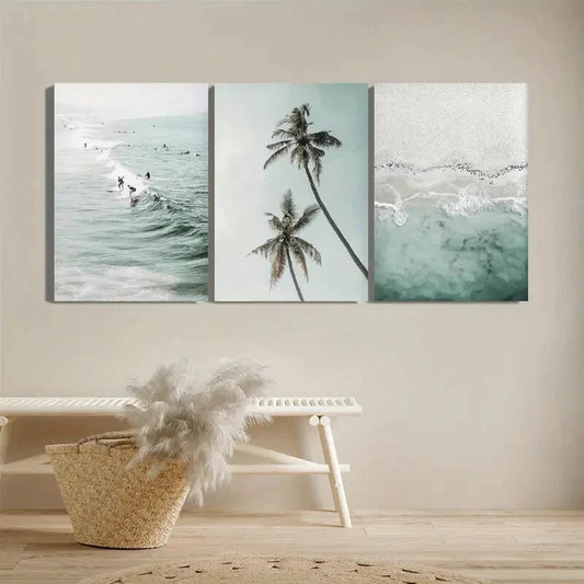 3pcs Ocean View Palm Trees Beach Minimalism Metal Print Ready to Hang Art