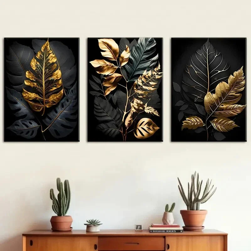 3pcs Dark Golden Luxury Leaf Pattern Metal Print Ready to Hang Art