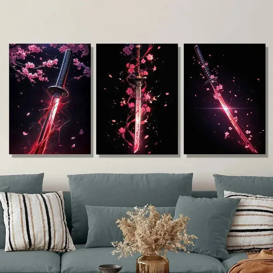 3pcs Vibrant Sakura & Samurai Katana Design Metal Print Ready to Hang Art