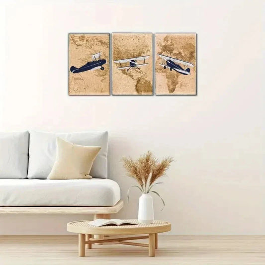 3pcs Airplane and Map Decoration Poster Metal Print Ready to Hang Art