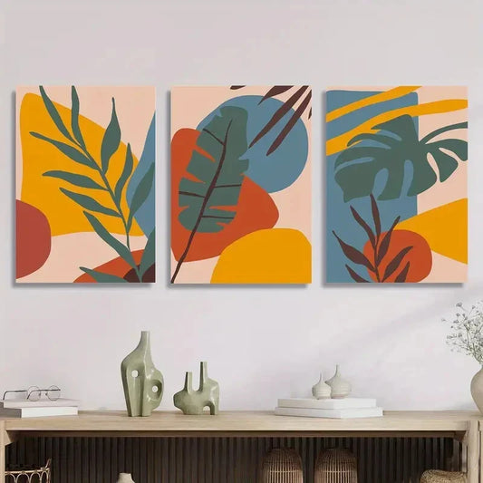 3pcs Abstract Leaves & Geometric Metal Print Ready to Hang Art