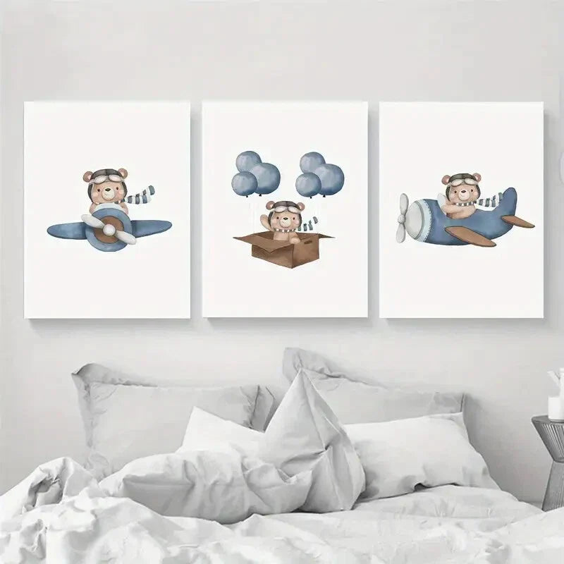 3pcs Watercolor Plane Painting Metal Print Ready to Hang Art