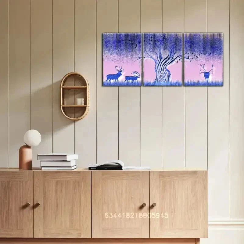 3pcs Sika deer, Golden trees decoration poster Metal Print Ready to Hang Art