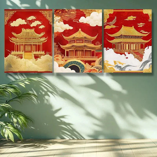 3pcs Pavilion Art Painting Wall Art Set Canvas Framed 40x60cm - High Quality Print 100% Australian Made Wall Canvas Ready to Hang