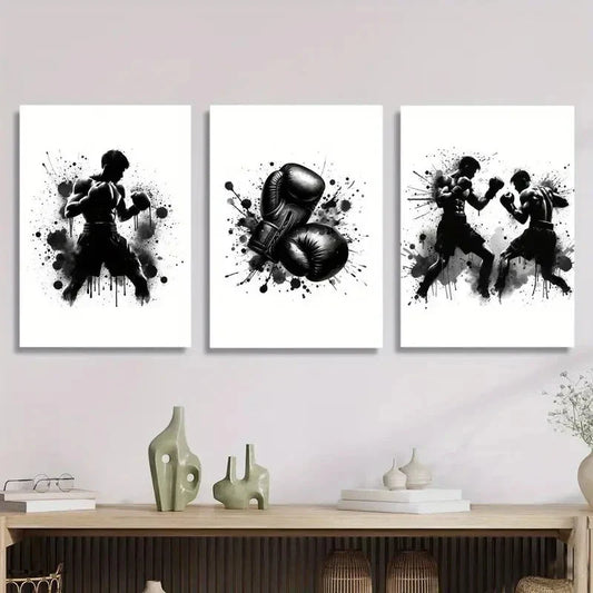 3pcs black and white boxing gloves poster, Metal Print Ready to Hang Art