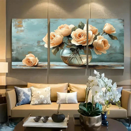 3pcs Beige Roses in Glass Vase Metal Print Ready to Hang Art