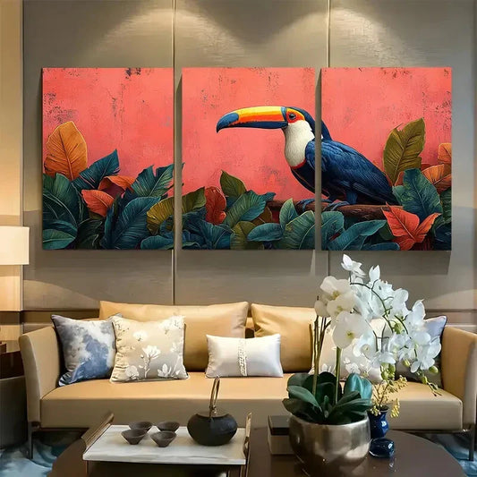 3pcs Vibrant Bird with Tropical Leaves Metal Print Ready to Hang Art