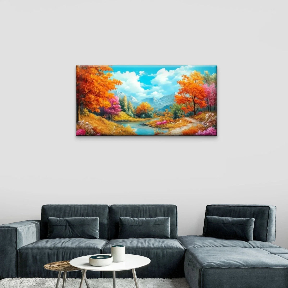 Autumn River Blue Sky Cloud Wall Art Canvas Office Home Room Framed 80x45cm
