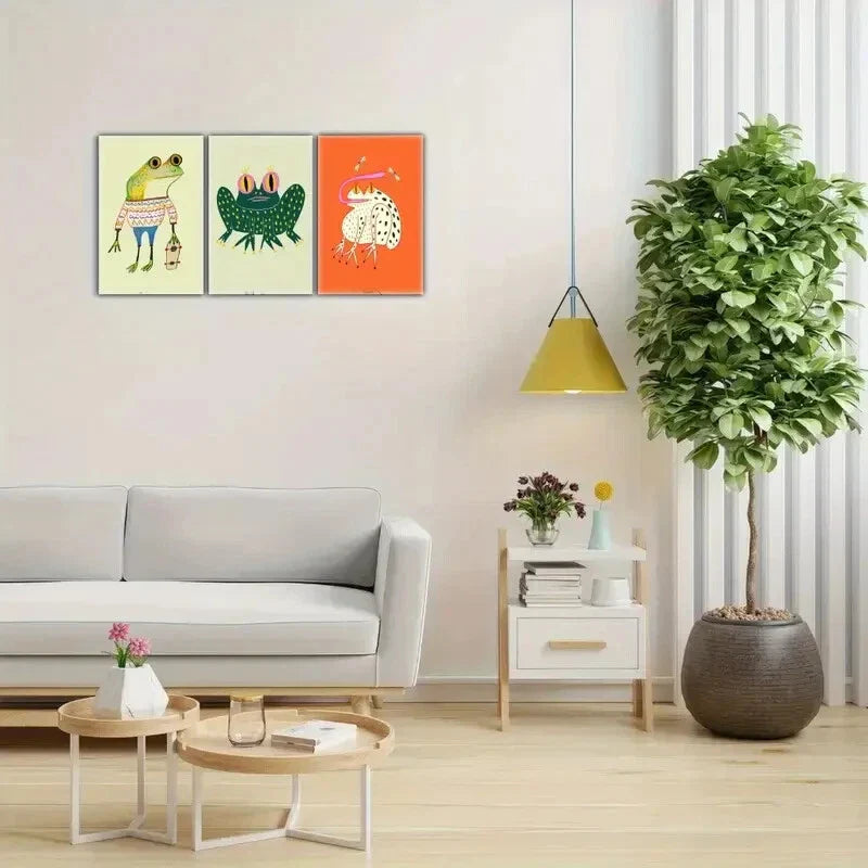 3pcs Abstract Frog Artwork in Blue Green & Yellow Metal Print Ready to Hang Art