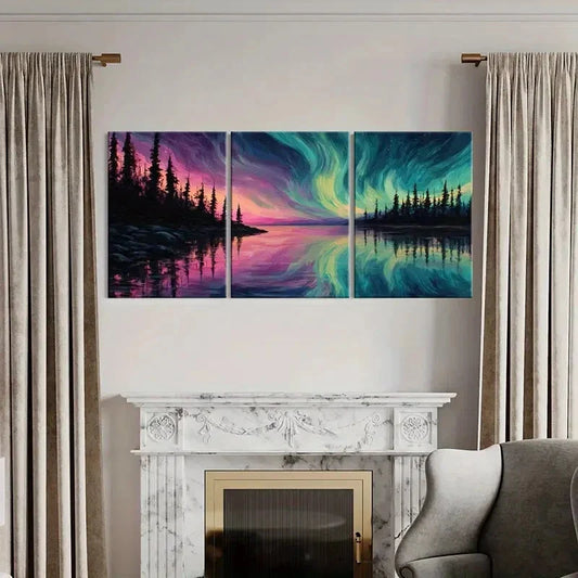 3pcs Vibrant Colors Serene Lake Forest Silhouette Metal Print Ready to Hang Art