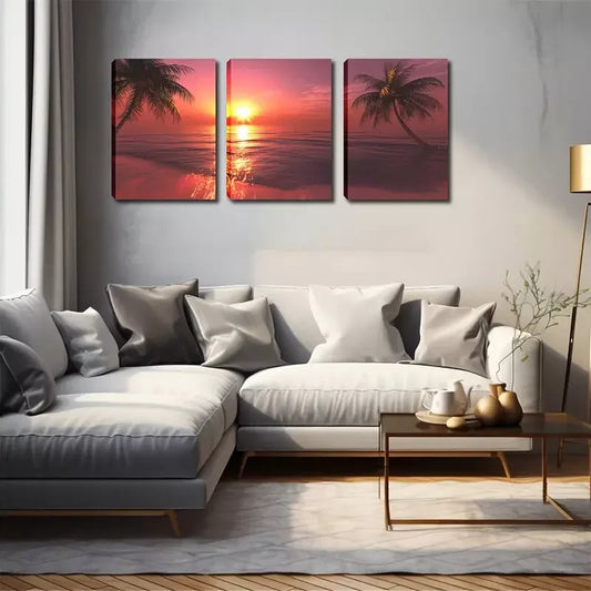 3pcs Ocean, Sunset, Coconut Tree Wall Art Set Canvas Framed 40x60cm - High Quality Print 100% Australian Made Wall Canvas Ready to Hang