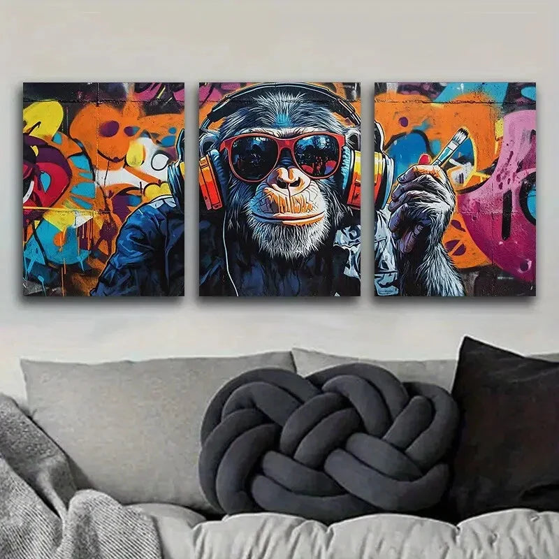 3pcs Vibrant Deco Monkey with Headphones Metal Print Ready to Hang Art