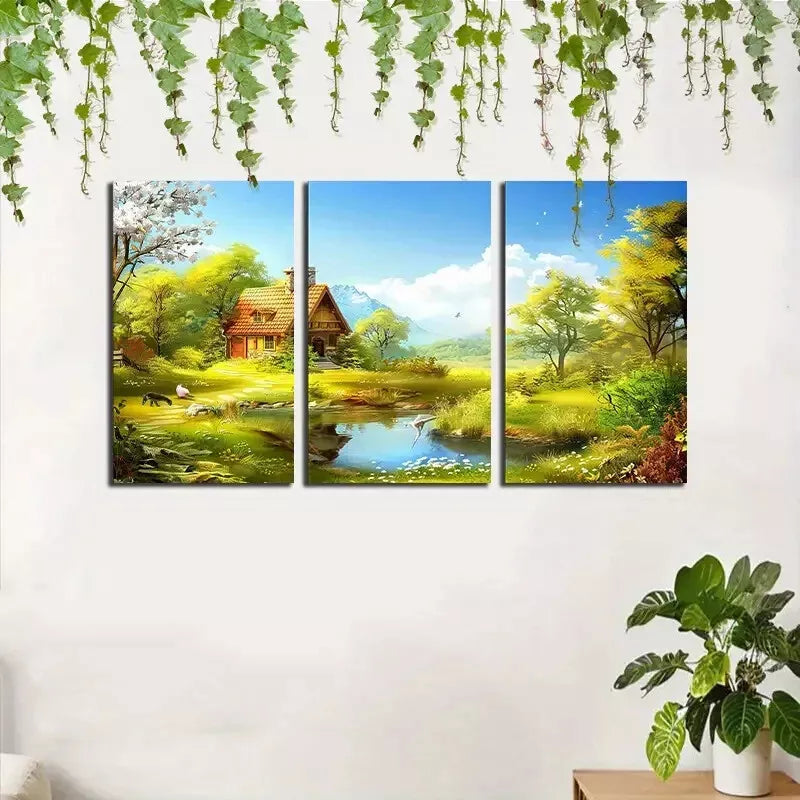 3pcs Spring Landscape with River and Trees Canvas Framed 40x60cm - High Quality Print 100% Australian Made Wall Canvas Ready to Hang