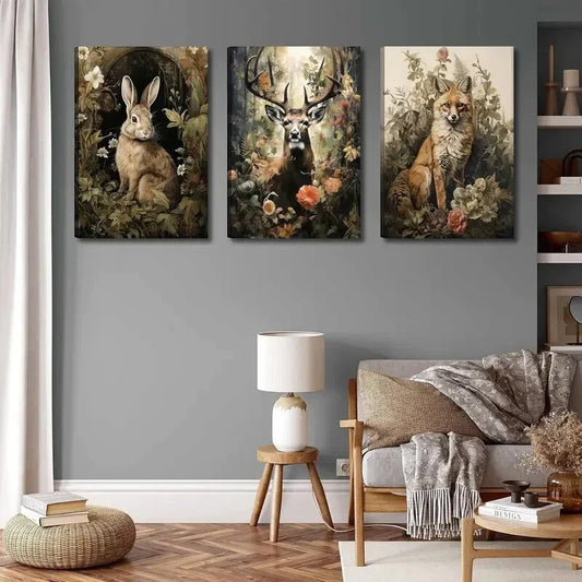 3pcs Enchanted Forest Scene Forest Animals Metal Print Ready to Hang Art