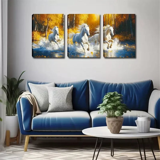 3pcs Three White Horses In The Woods Wall Art Set Canvas Framed 40x60cm - High Quality Print 100% Australian Made Wall Canvas Ready to Hang