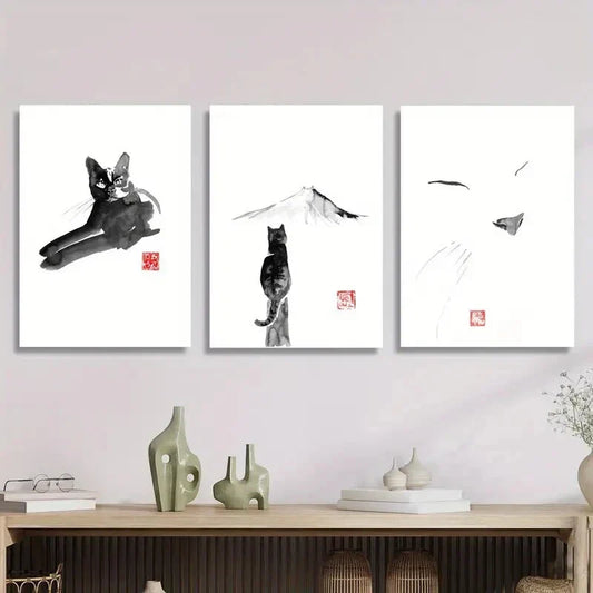 3pcs Cat watercolor art, black cat decorative Metal Print Ready to Hang Art