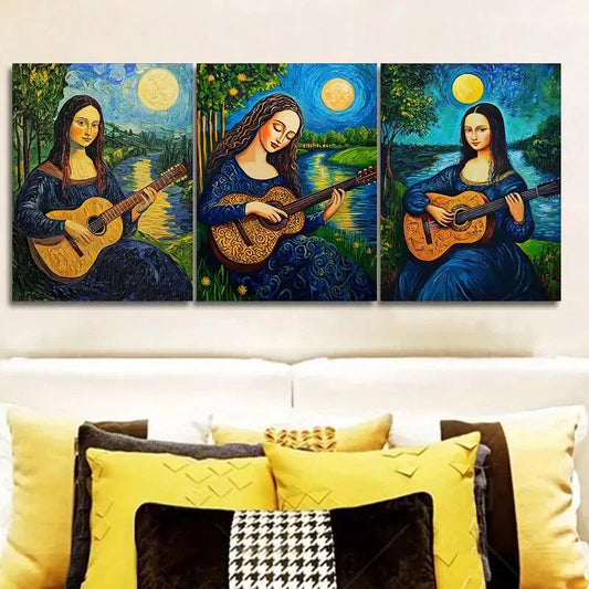 3pcs Mona Lisa plays guitar Metal Print Ready to Hang Art