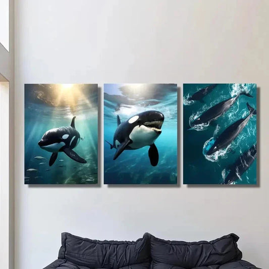 3pcs ,Fish Animal Theme, Ink Painting, Metal Print Ready to Hang Art