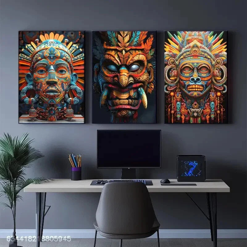 3pcs Indigenous Mask Huchiol, Indigenous Tribe Metal Print Ready to Hang Art