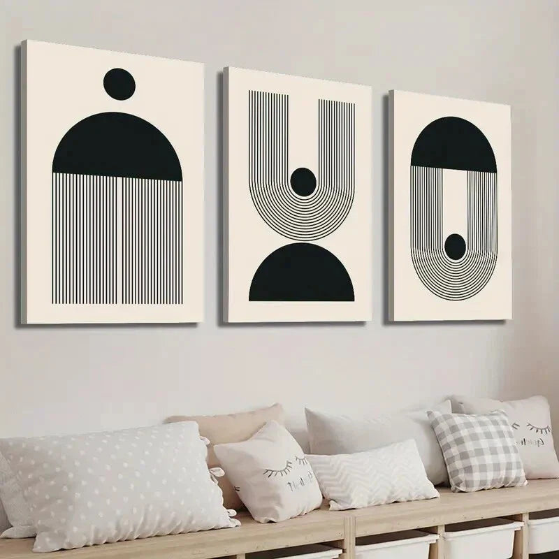 3pcs Black & Beige Abstract Geometric Wall Art Set Canvas Framed 40x60cm - High Quality Print 100% Australian Made Wall Canvas Ready to Hang