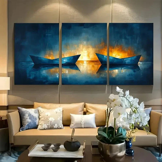 3pcs Navy Blue Abstract Maritime Metal Print Ready to Hang Art