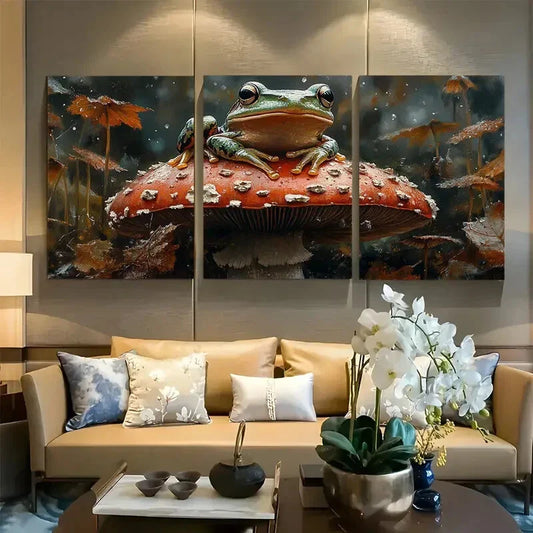 3pcs Frog Sitting on a Enchanted Mushroom Forest Metal Print Ready to Hang Art