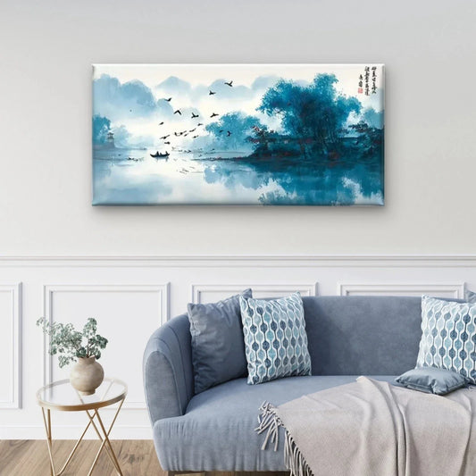 Landscape with Rowboat & Birds Wall Art Canvas Office Home Room Framed 80x45cm