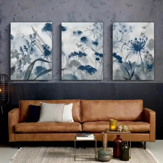 3pcs Blue Grey Flower Leaf Canvas Framed 40x60cm - High Quality Print 100% Australian Made Wall Canvas Ready to Hang