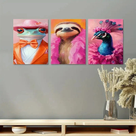3pcs Funky Animal Fashion Portraits Metal Print Ready to Hang Art