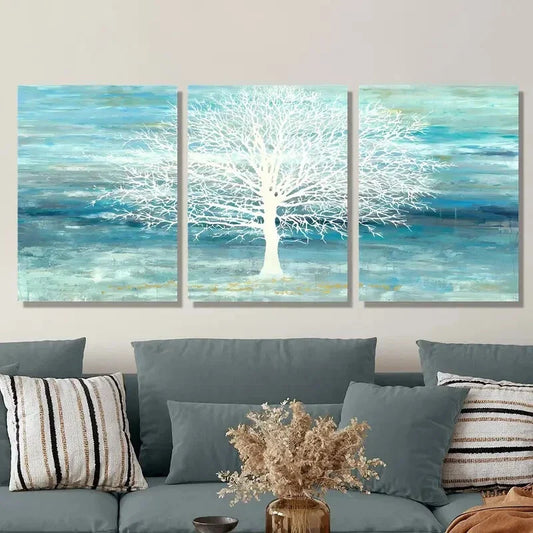 3pcs Abstract cyan and blue landscape painting Metal Print Ready to Hang Art