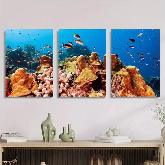 3pcs Vibrant Marine Life & Colorful Coral Reefs, Metal Print Ready to Hang Art