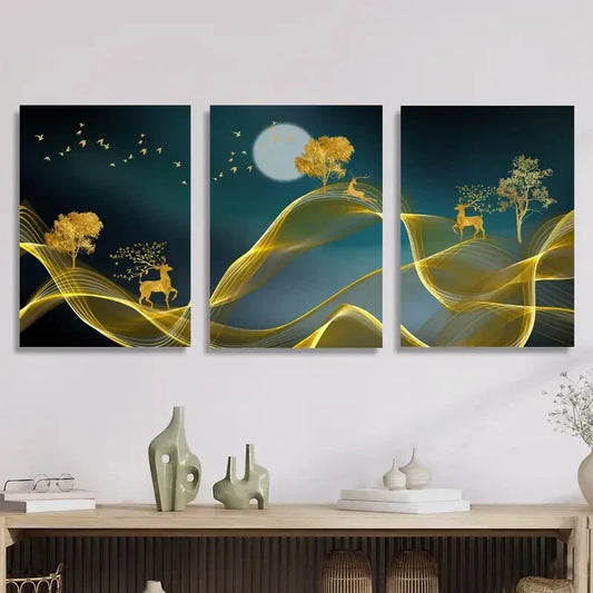 3pcs Elk, Money Tree, Modern Abstract Metal Print Ready to Hang Art