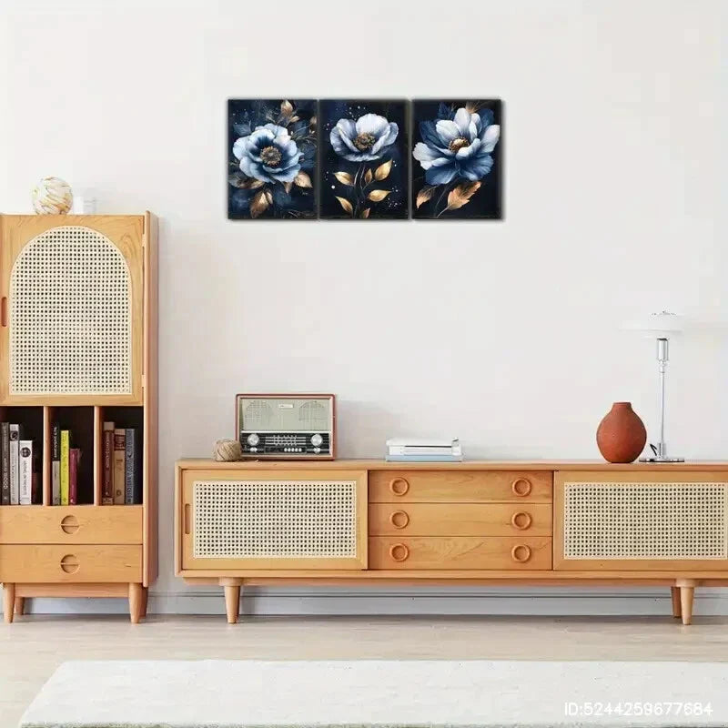 3pcs Blue Flowers Golden Leaves Decoration Metal Print Ready to Hang Art