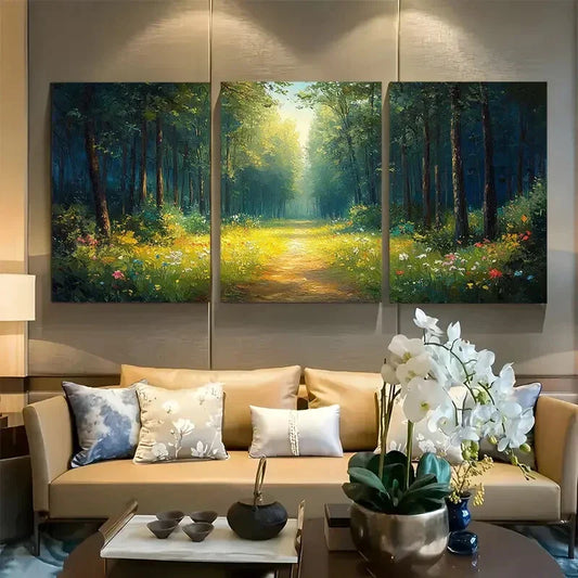 3pcs Vibrant Sunlit Pathway with Wildflowers Metal Print Ready to Hang Art