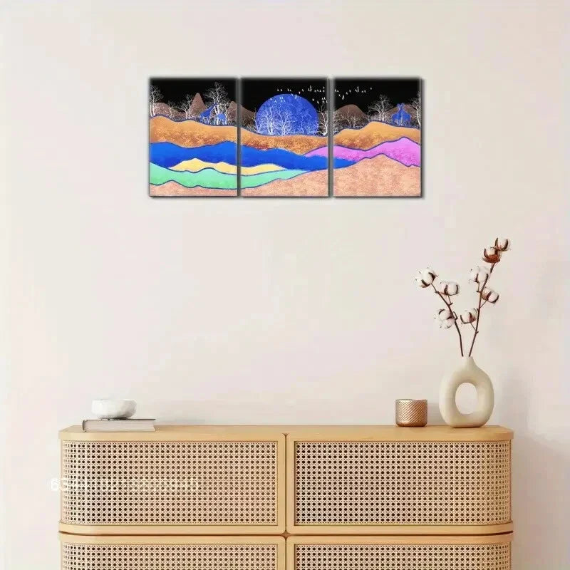 3pcs Blue Moon & Silhouetted Trees, Metal Print Ready to Hang Art