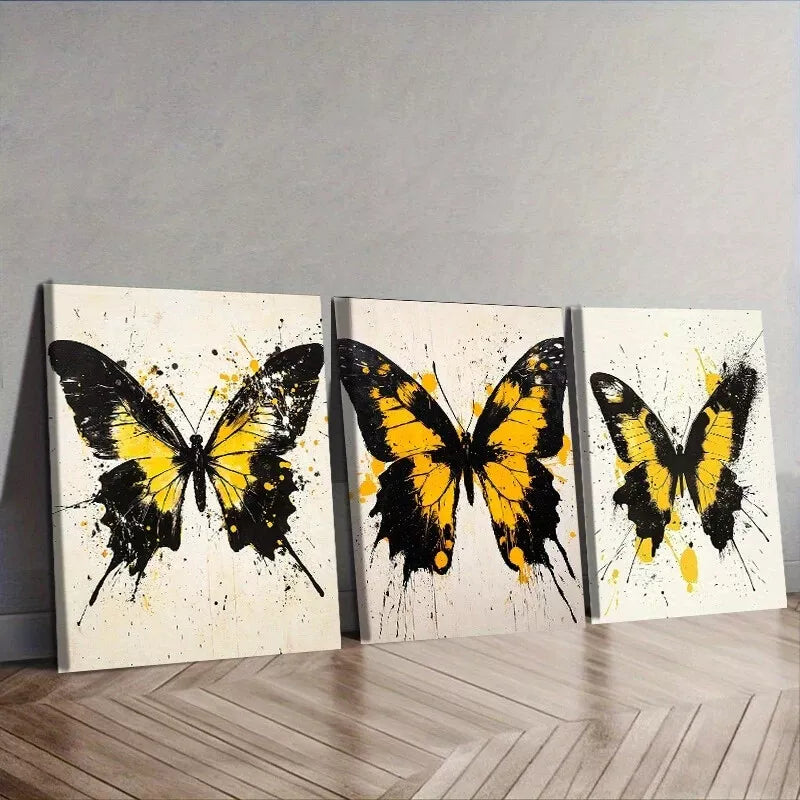 3pcs Black And Yellow Butterflies Colorful Wall Art Set Canvas Framed 40x60cm - High Quality Print 100% Australian Made Wall Canvas Ready to Hang