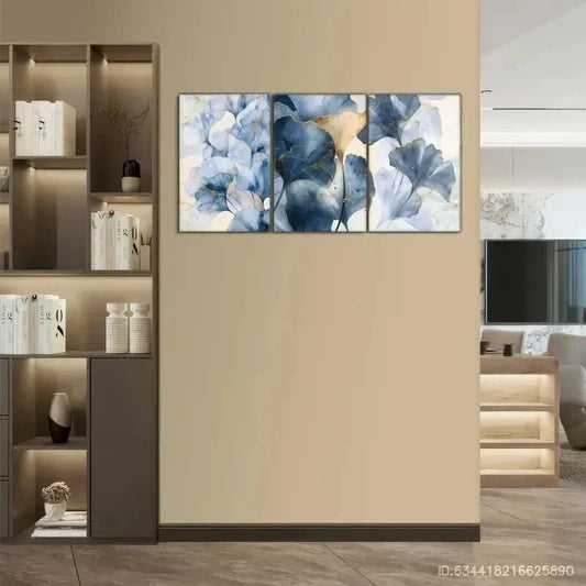 3pcs Modern Abstract Art Wall Decor Blue Leaf Metal Print Ready to Hang Art