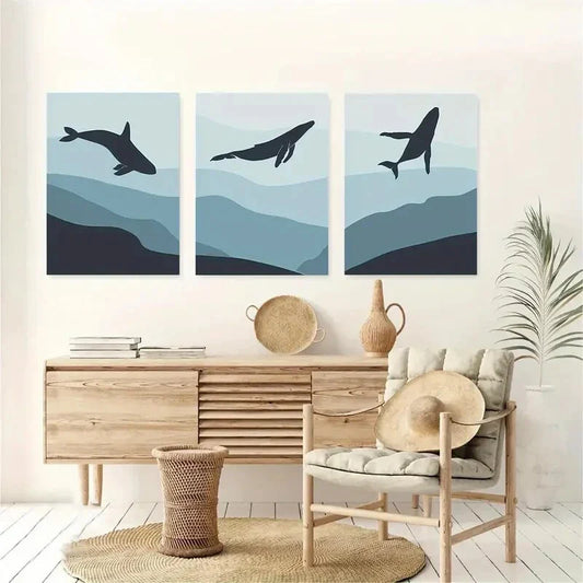 3pcs Ombre Blue Triptych Whale Metal Print Ready to Hang Art